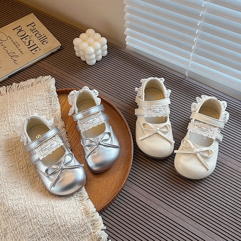 2026 Summer New Girls Mary Jane Shoes, Lace Trim Bow Decor Soft Sole Non-slip Kids Leather Fashion Flats
