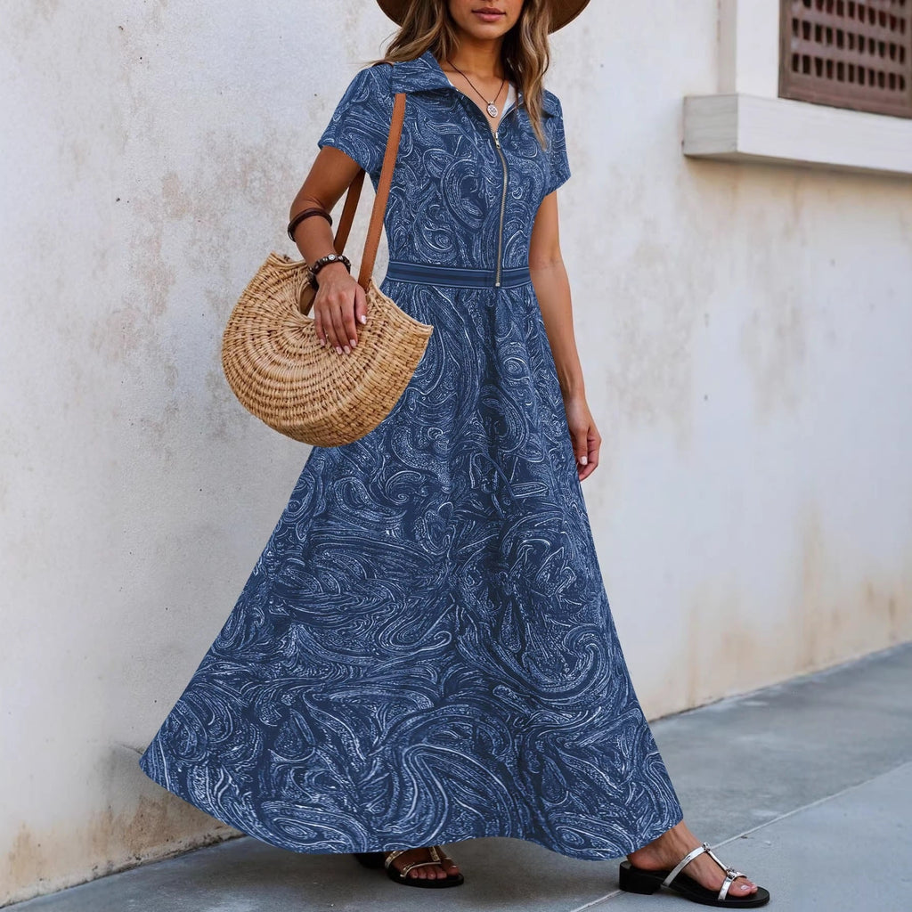 Ebay Amazon European And American Foreign Trade Retro Paisley Print Lapel Dress With Waist-Cinching A-Line Long Skirt For Women