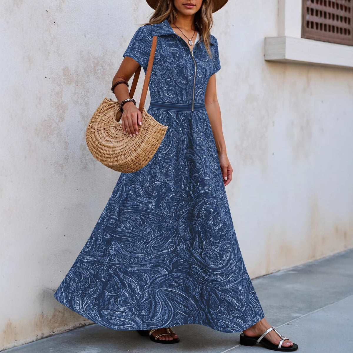 Ebay Amazon European And American Foreign Trade Retro Paisley Print Lapel Dress With Waist-Cinching A-Line Long Skirt For Women