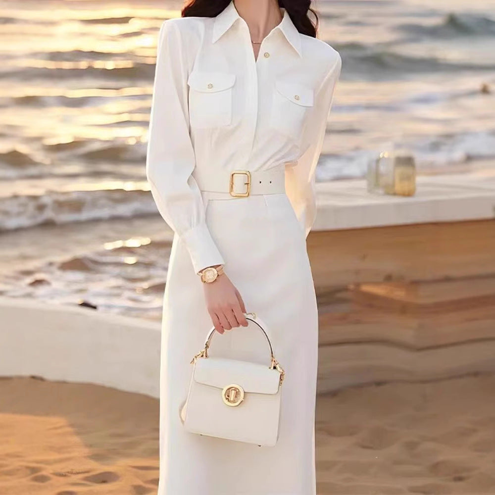 Spring French-style White Shirt Dress For Women