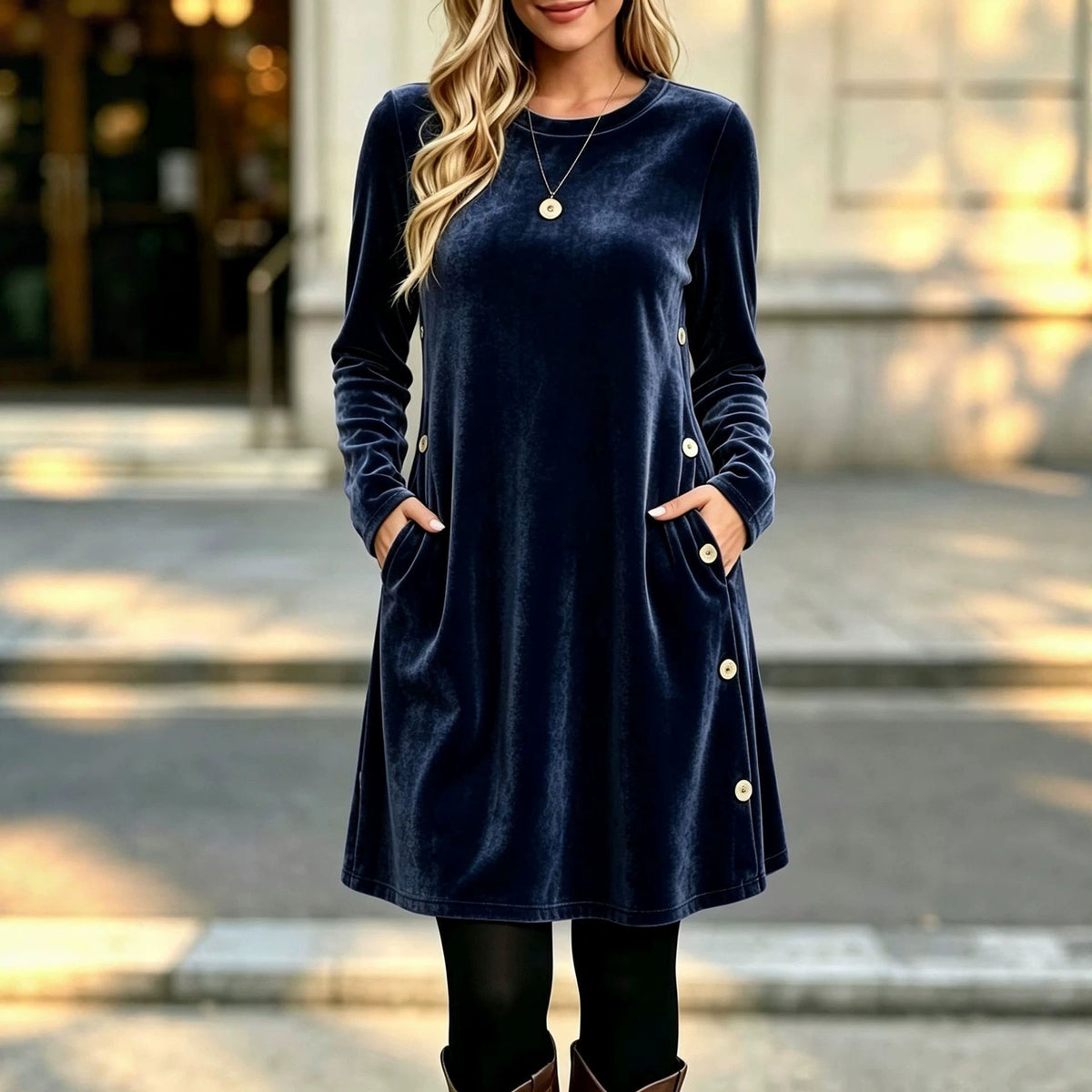 Womens Solid-color Velvet Long-sleeve Dress With Buttons