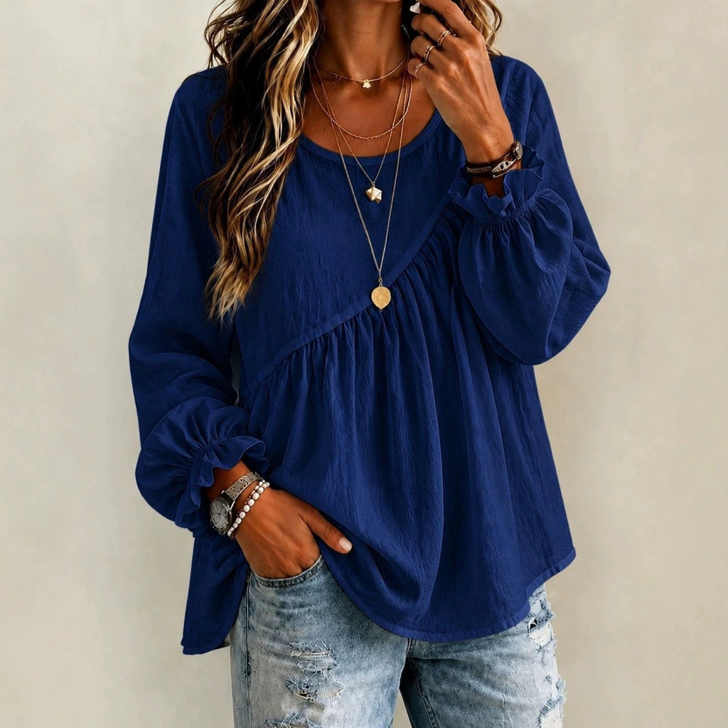2026 New Cross-Border European And American Style Women's Solid Color Round Neck Long Sleeve Ruched Shirt Top, Casual Versatile Loose Fit