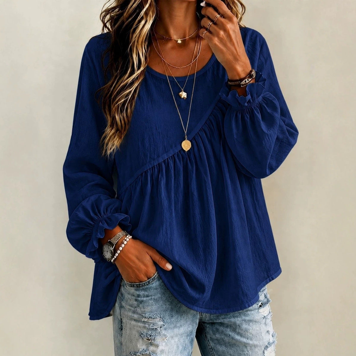 2026 New Cross-Border European And American Style Women's Solid Color Round Neck Long Sleeve Ruched Shirt Top, Casual Versatile Loose Fit