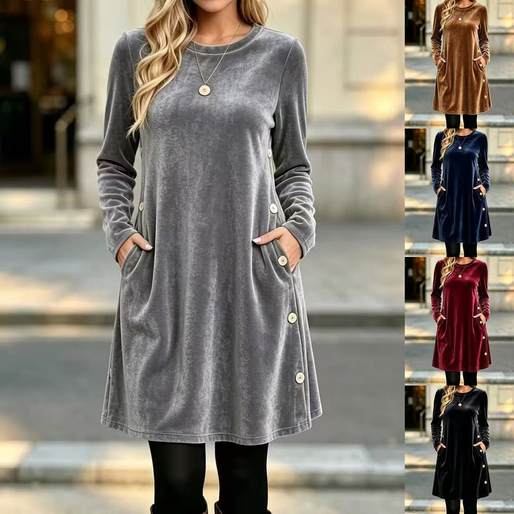 Womens Solid-color Velvet Long-sleeve Dress With Buttons