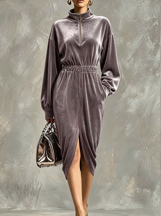 Women's Fashion Velvet Zip-front Waist-cinching Long-sleeve Dress