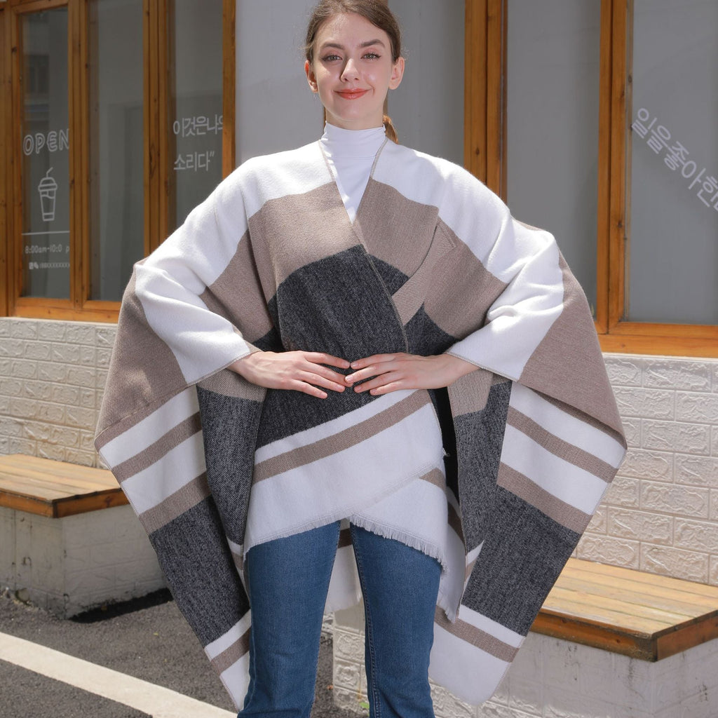 Womens Striped Tassel Cross-Strap Warm Cape Shawl