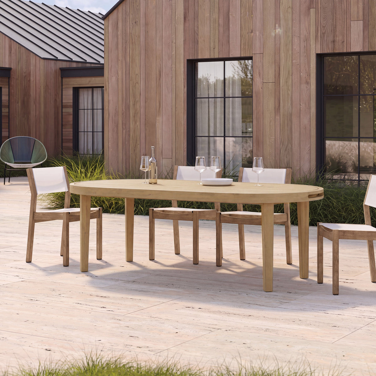 70" Oval Acacia Wood Outdoor Dining Table with Slatted Top