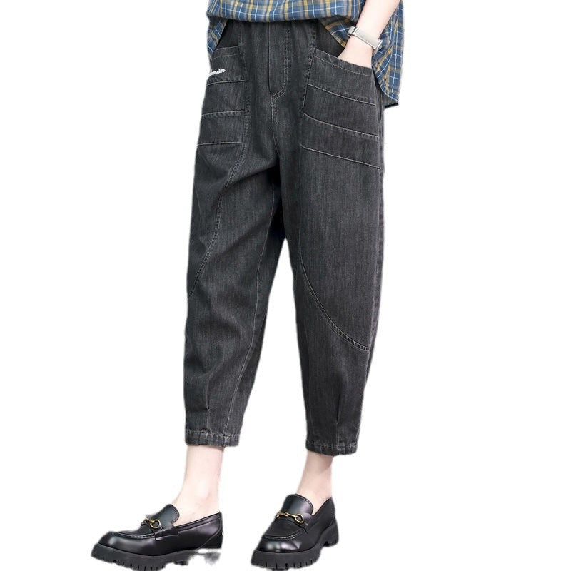 Loose-fitting Plus-size High-waisted Figure-flattering Cropped Denim Jeans
