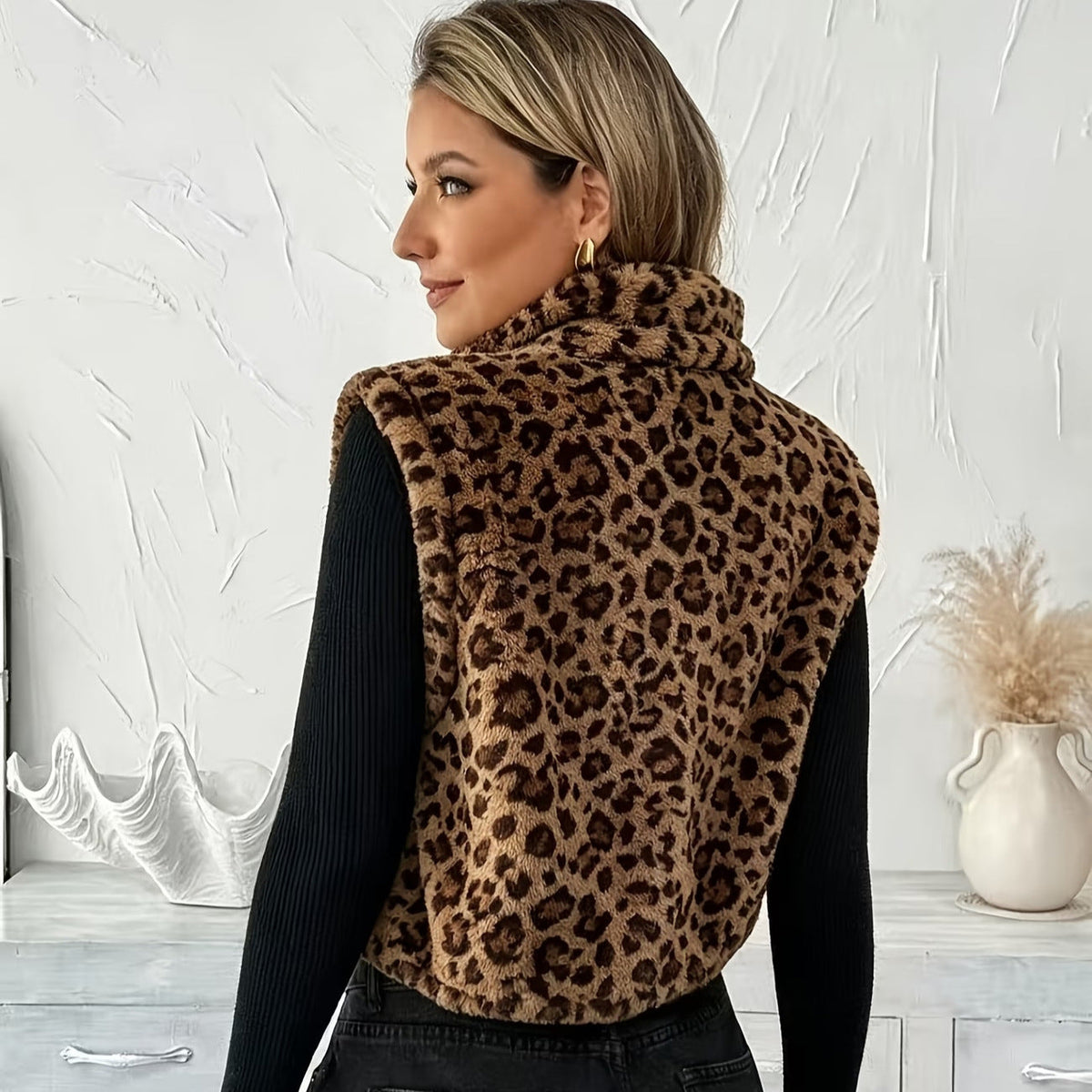 Leopard-print Sleeveless Vest Double-sided Fleece Jacket