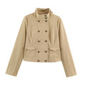 Elegant Double-breasted Coat Featuring A Stand-up Collar, Pockets, And A Fitted Waist