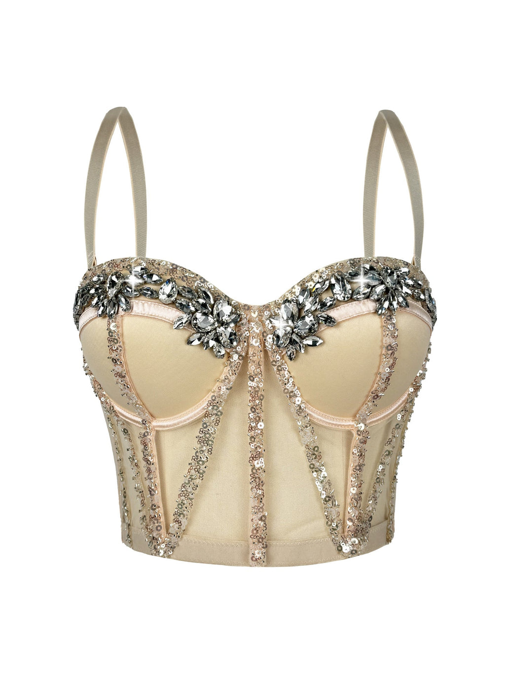 Cross-Border Rhinestone Mesh Fishbone Bra Semi-Transparent Sexy Slimming Suspender Tube Top Slimming  Diamond Fishbone Top Stage