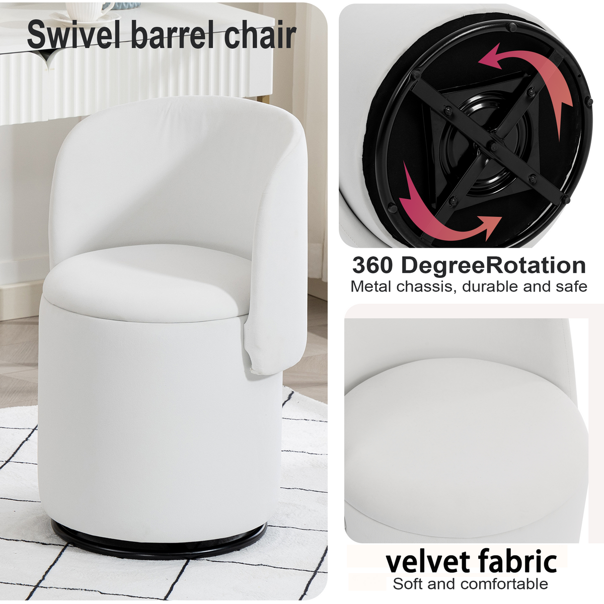 Stylish Upholstered Barrel Chair: 360° Swivel Vanity Stool