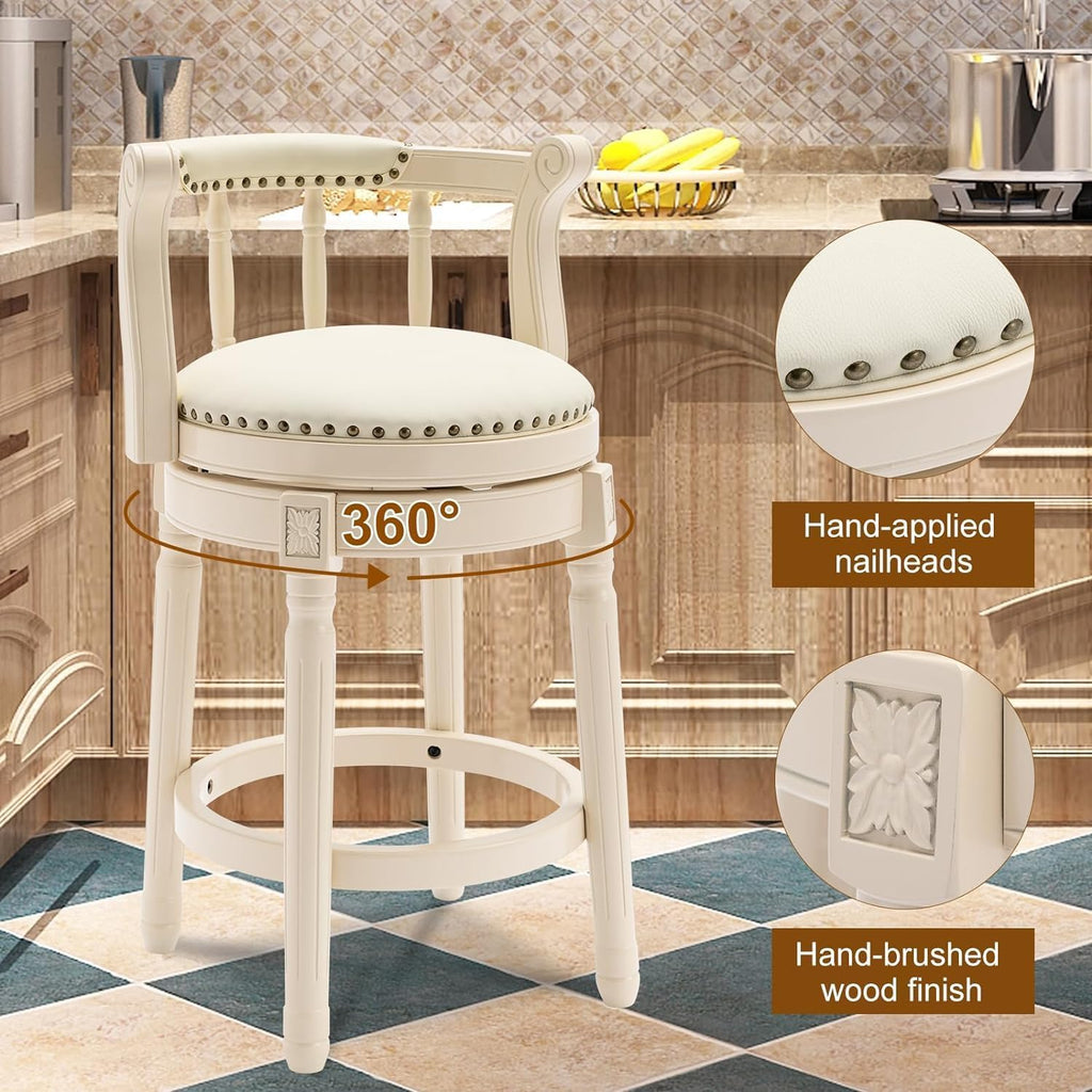 Leather Wooden Bar Stools - 26'' Height - White