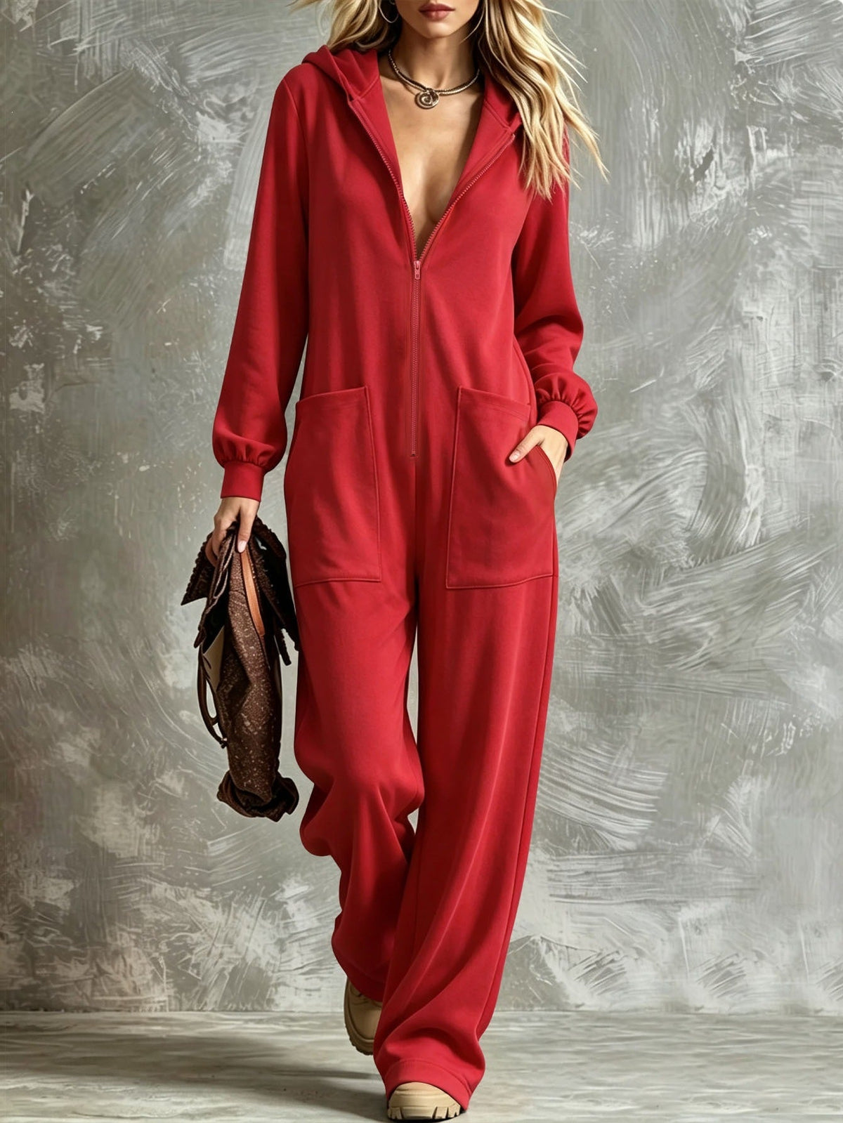 TUME Amazon Solid Color Plus Size Hooded Zipper Jumpsuit With Large Pockets, Loose Casual Home Straight-Leg Jumpsuit