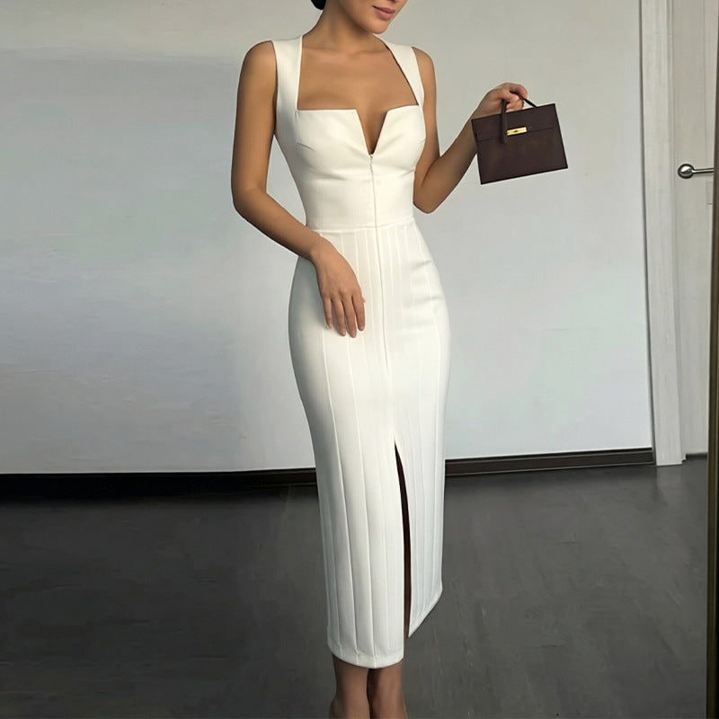 Solid-color Slit Sheath Dress For Women