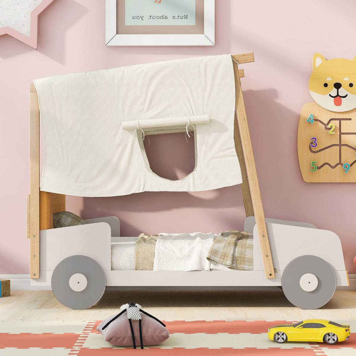 Wood Twin Size Car Bed with Pillow, Ceiling Cloth