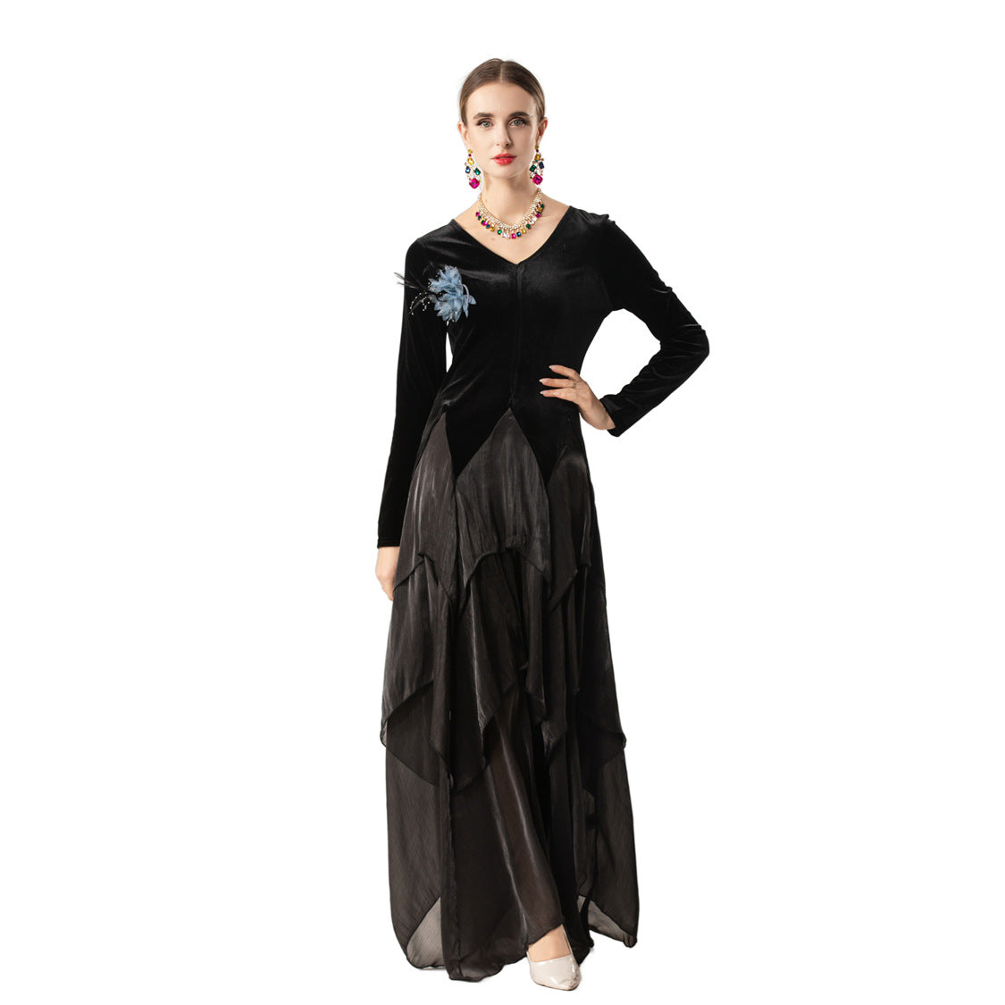 Velvet Smooth V-neck Long-sleeve Patchwork Asymmetrical Hem Maxi Dress