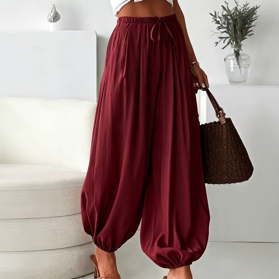 2026 Women's Summer Loose Drawstring Wide-Leg Cropped Pants With Draped Effect Harem Pants For Export Cross-Border Women's Fashion