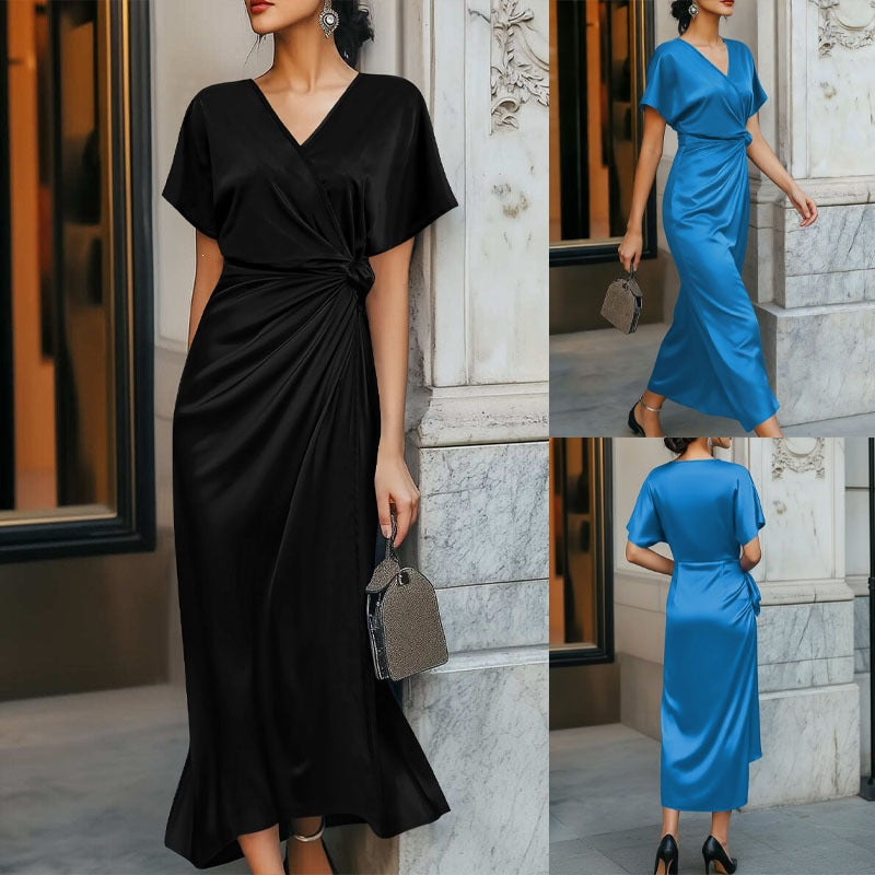 Independent Site European And American Cross-border Satin V-neck Tea Dress Elegant And Stylish With Tie Waist Women's Dress