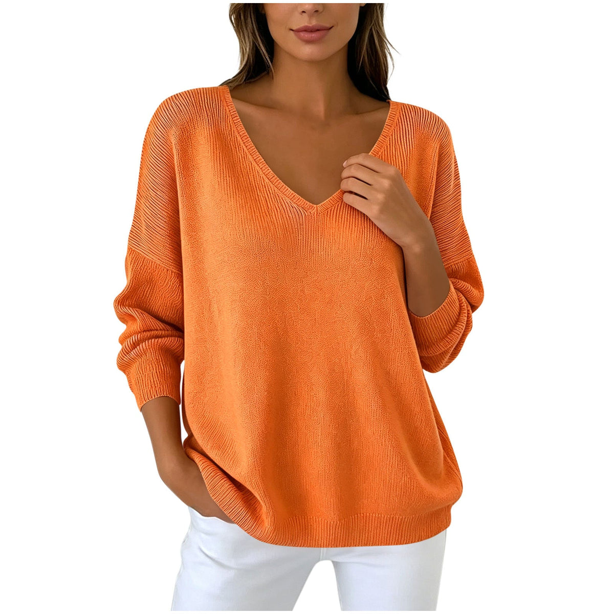 Autumn Winter Women's V-neck Long Sleeved Knitted Sweater Large Loose Shoulder Solid Color Top For Women