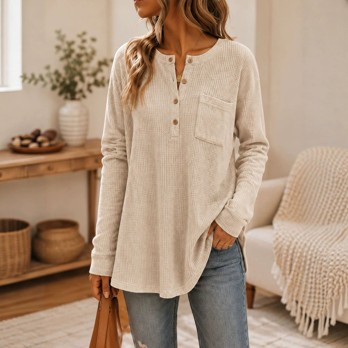 Anno Fashion New Solid Waffle Knit Long Sleeve Top With Pockets & Buttons