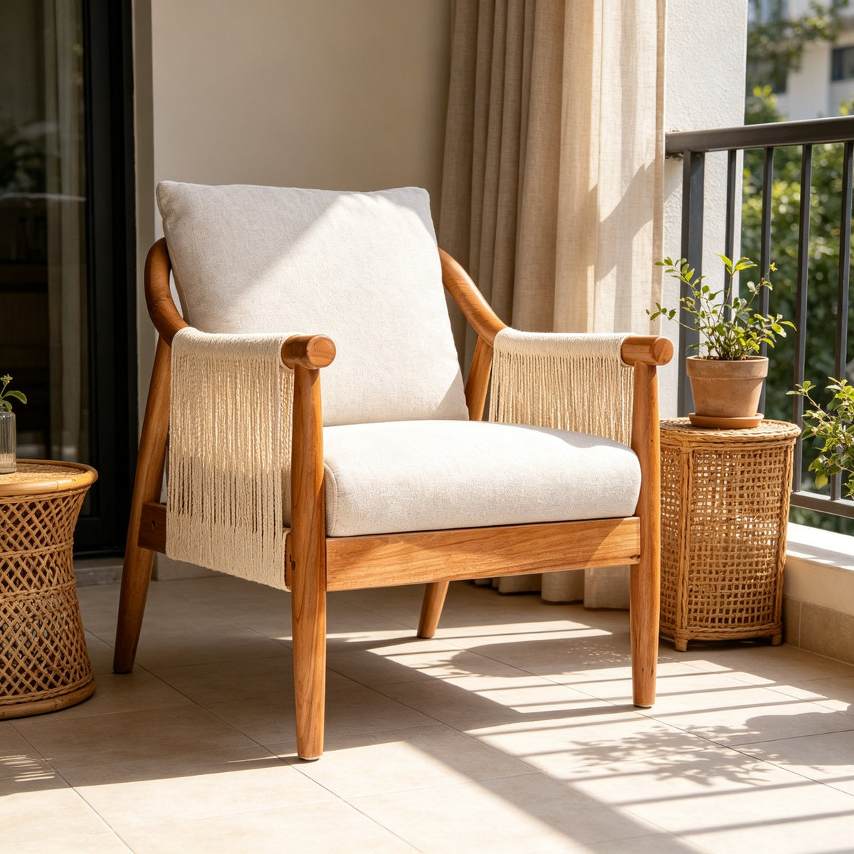Accent Chair with Solid Hardwood Frame and Hand-Woven Paper Rope Arm