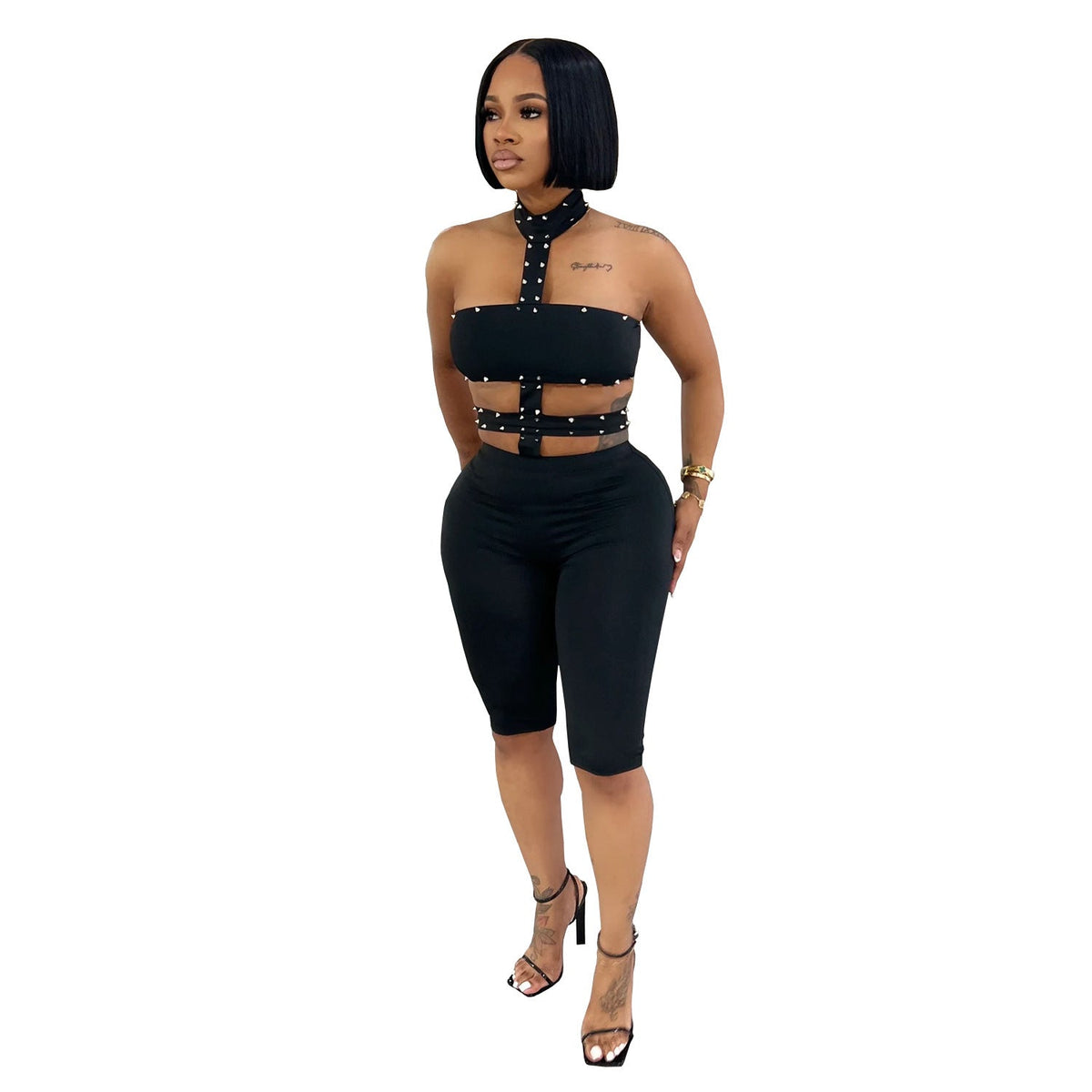 C7728 Cross-Border Aliexpress Amazon European And American Fashion Women's Clothing Sexy Off-Shoulder Beaded Halter Neck Solid Color Jumpsuit