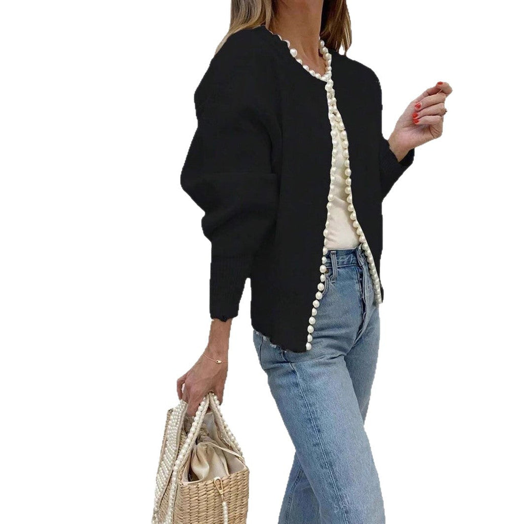 Cross-border European And American 2026 Round Neck Pearl Trim Knit Sweater Short Long Sleeve Heavy Craft Cardigan Fashion Coat For Women