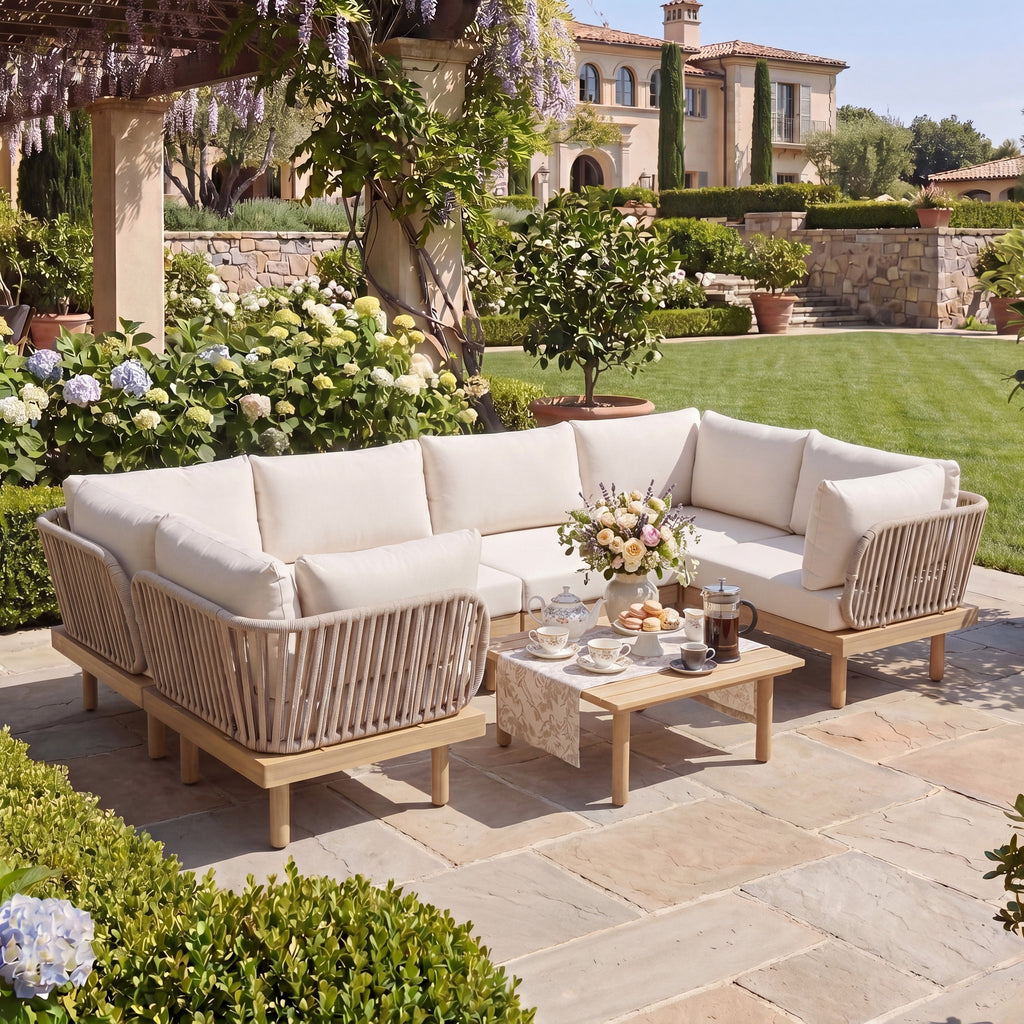 7-Piece Acacia Wood Outdoor Sectional Sofa Set with Rope Back