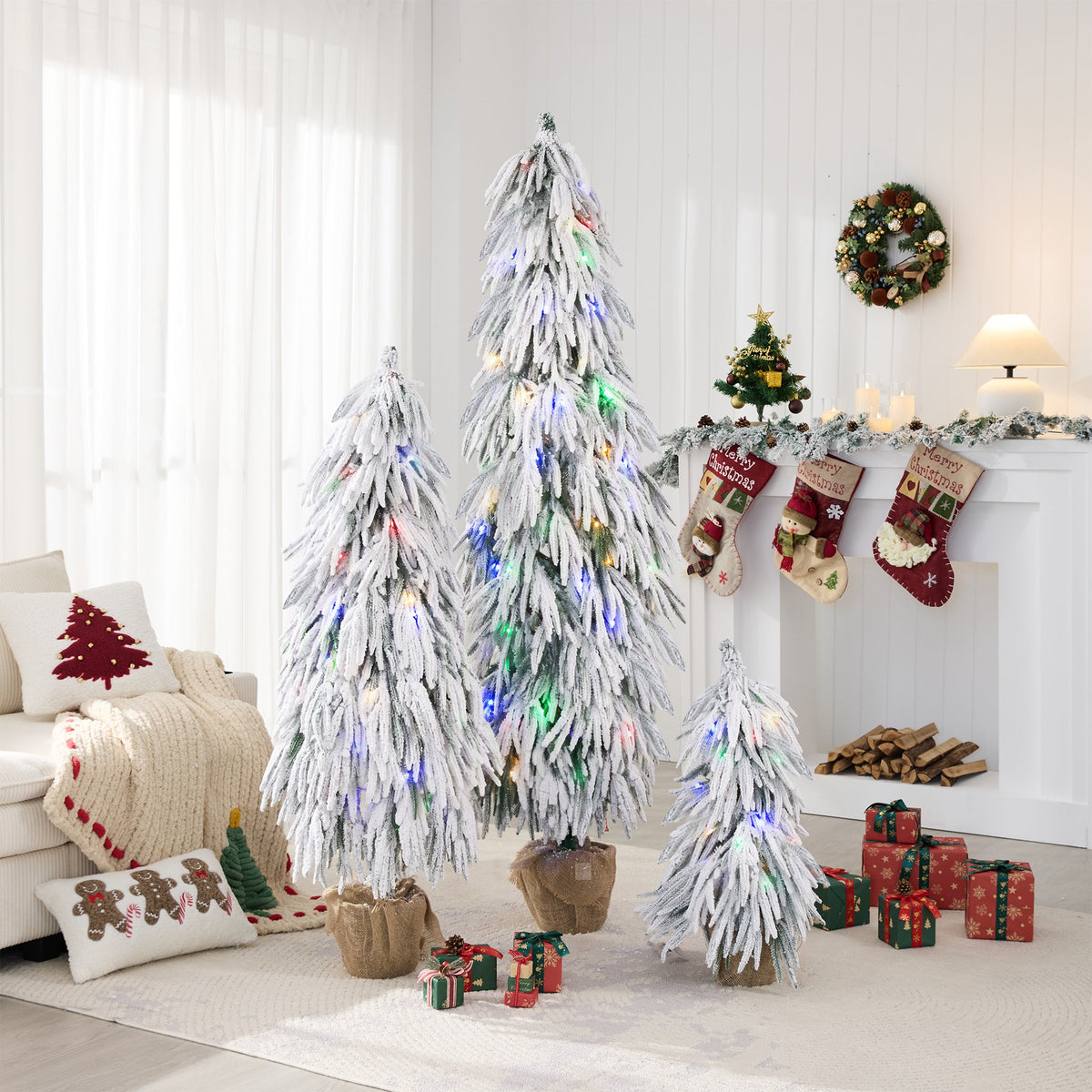 Pre-Lit Flocked Christmas Tree Set of 3 (3FT, 4.5FT, 6FT)