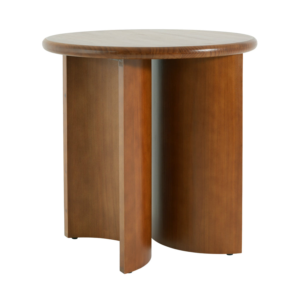 Walnut Finish Pine Wood Round Side Table with Unique Fan-Shaped Legs