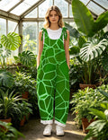 Women Green Geometric Line Print Tie Strap Overalls, Loose Wide Leg Rolled Cuff Casual Jumpsuit With Pockets