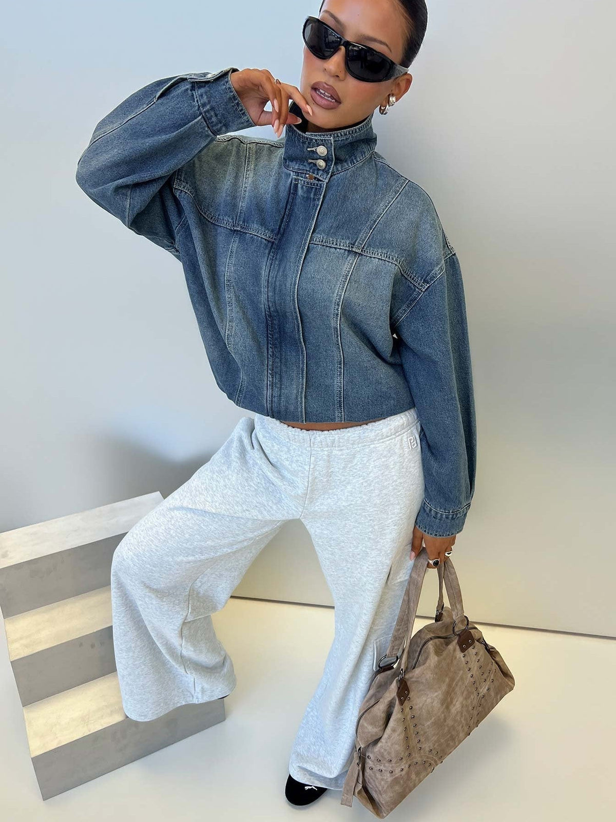 Loose Washed Denim Cross-BorderRetro Stand-Collar Jacket