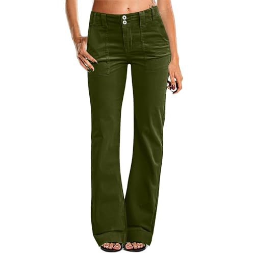 Women's Multi Pocket Stretch Elastic Waist Twill Cotton Pants  High Waisted, Comfortable Form Fitting  Formal Casual Wide Leg Pants