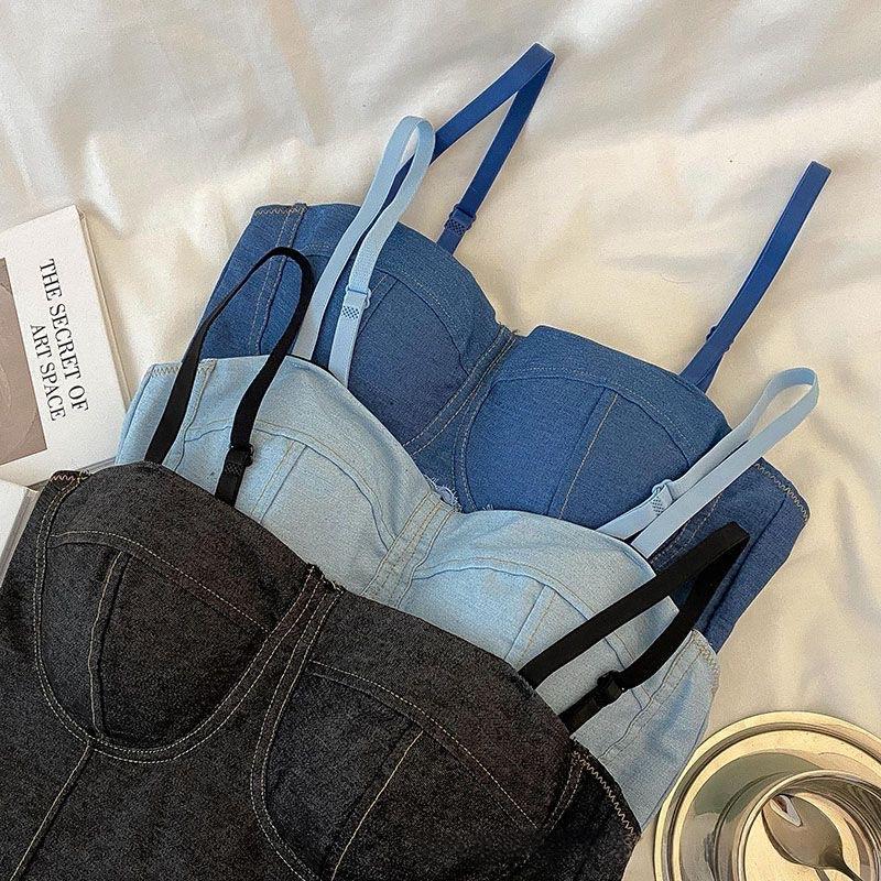 Retro Distressed Denim Small Vest Camisole Base Top