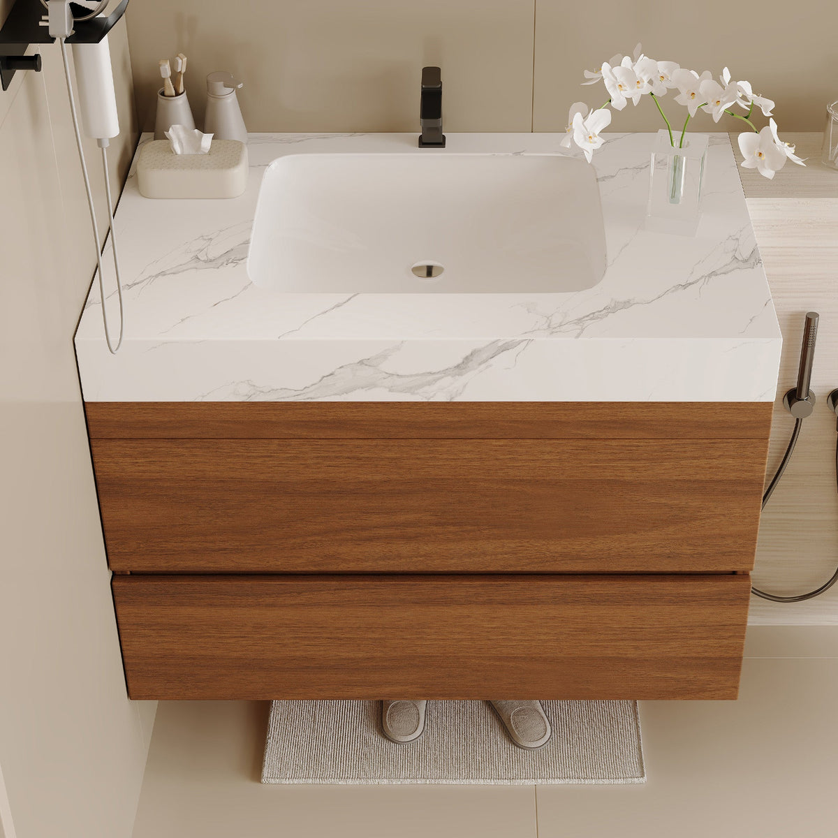 29.9" Modern Floating Bathroom Vanity with Faux Marble Top