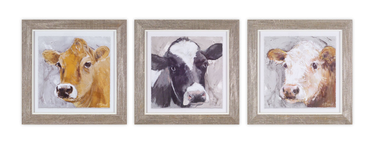 Wood framed cow print under glass (set of 3)