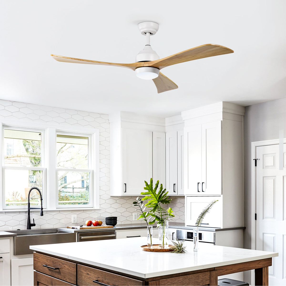 52" Solid Wood Blades Ceiling Fan with Light and Remote Control