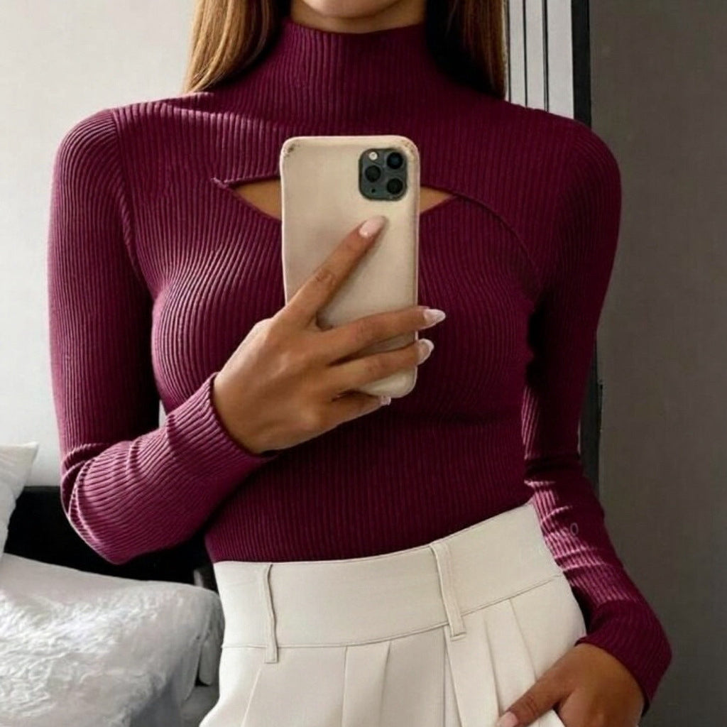 Women's Hollow-out Knit Sweater Mock Neck Sweater