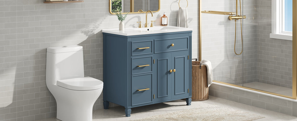 36" Bathroom Vanity with Sink, Ceramic Sink, One Tip-out Drawer, 3 Side Drawers