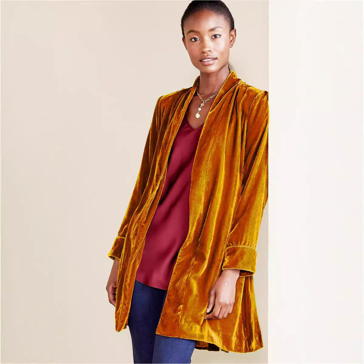 Solid-color Street-style Velvet Long Blazer