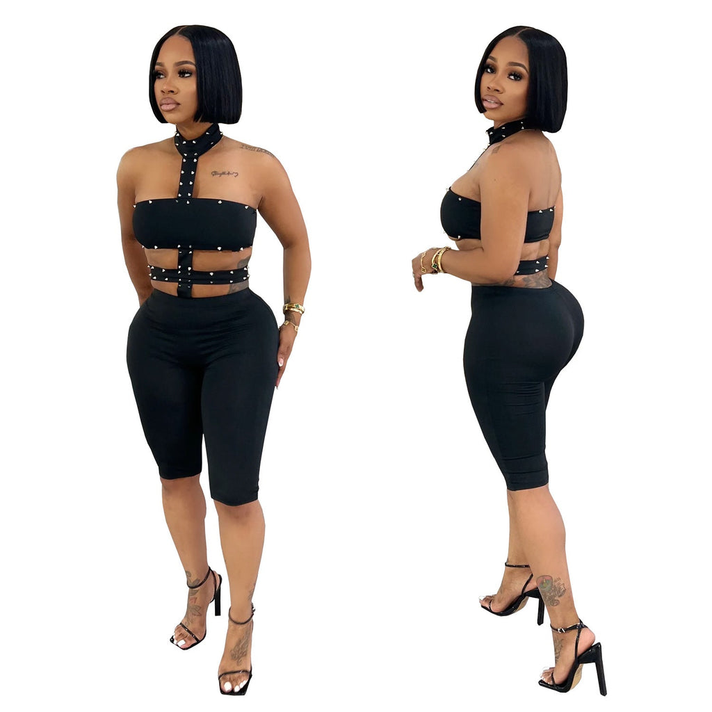 C7728 Cross-Border Aliexpress Amazon European And American Fashion Women's Clothing Sexy Off-Shoulder Beaded Halter Neck Solid Color Jumpsuit