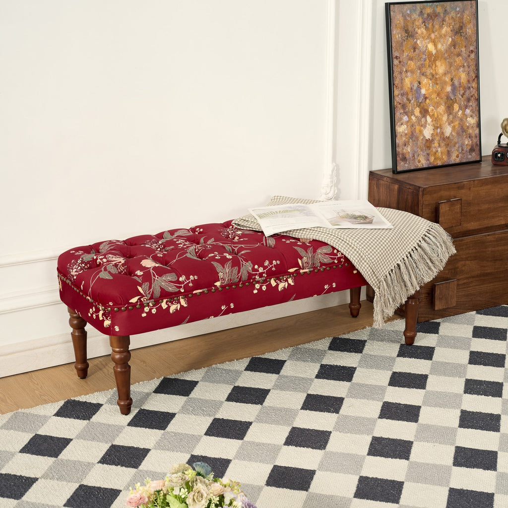 European Style Tufted Floral Bench with Turned Wood Legs