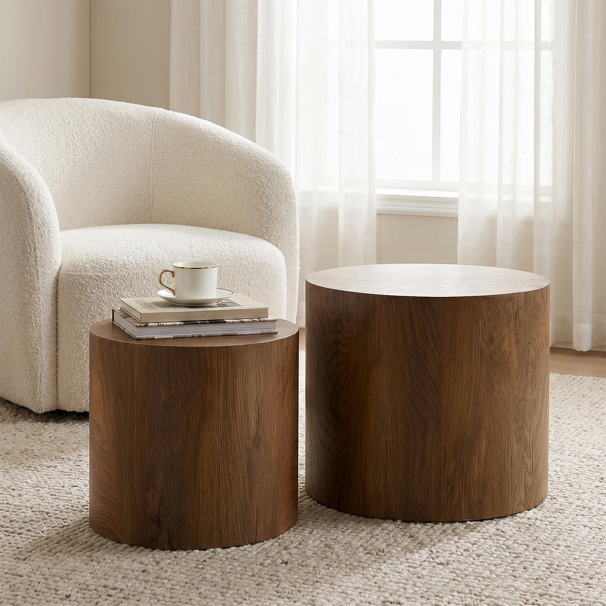 Nesting Coffee Table Set of 2 Round Wooden Coffee Tables