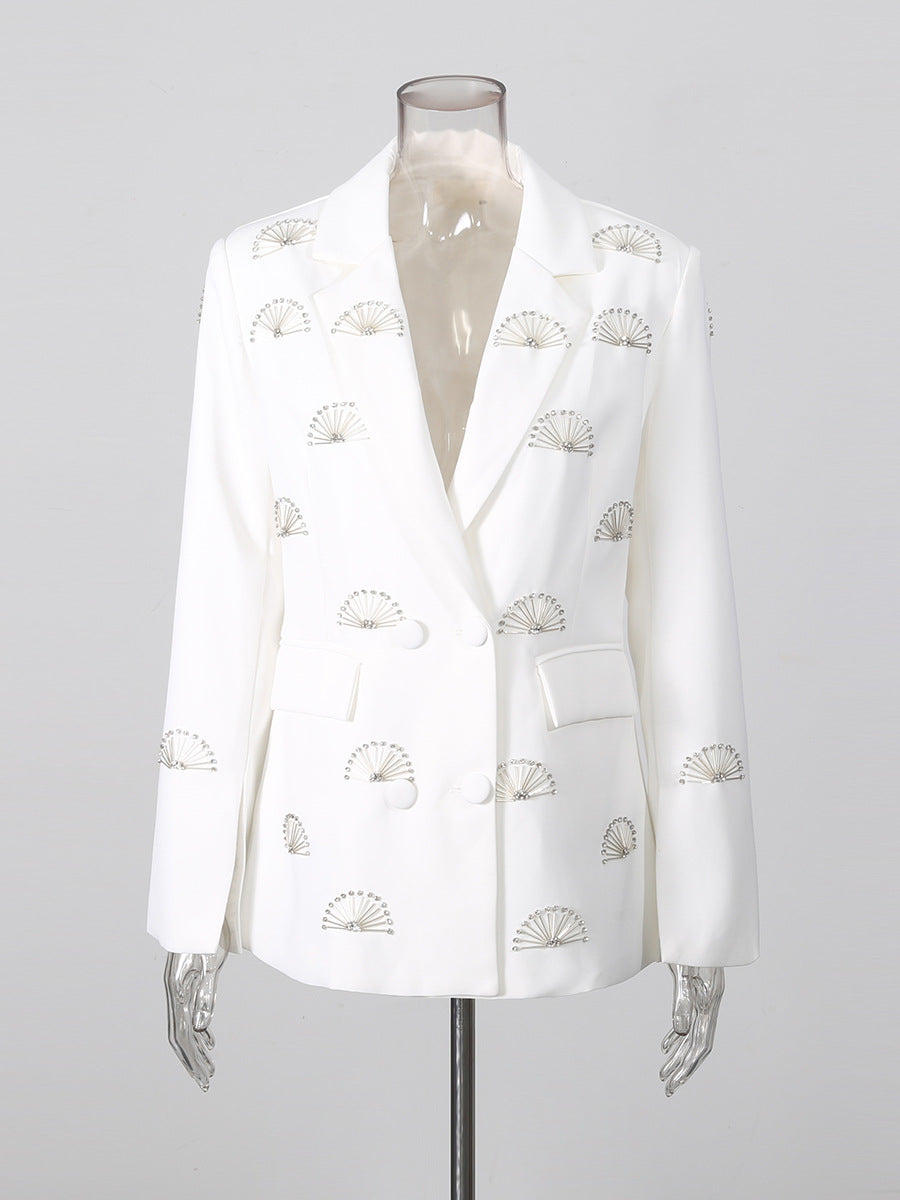 Rhinestone Fan Motif Double Breasted Notched Lapel Tailored Blazer Jacket