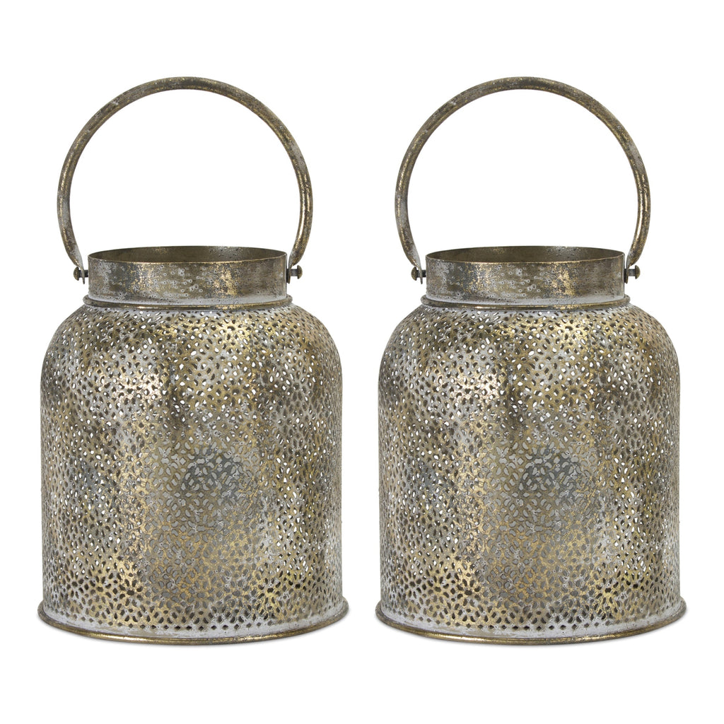 Punched bronze metal candle holder (set of 2)