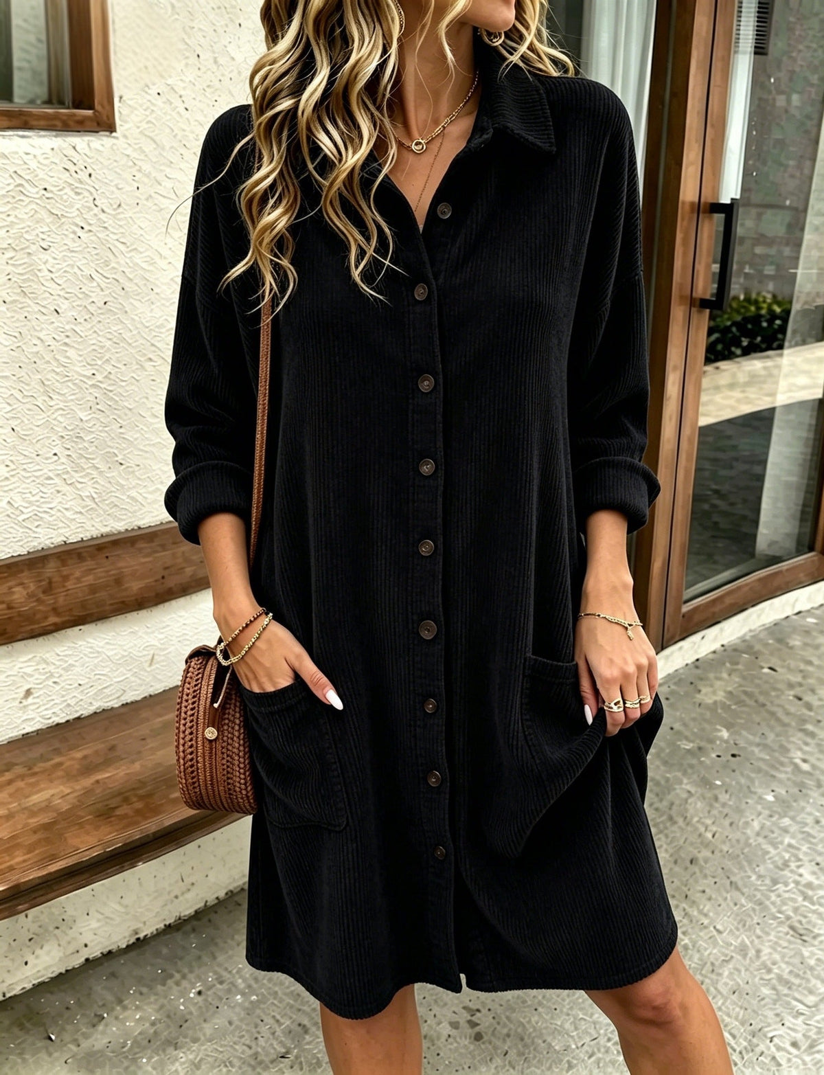 Autumn New Womens Corduroy Shirt Dress With A Turn-down Collar And Single-breasted Design