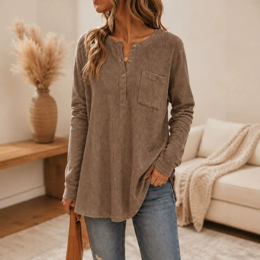Anno Fashion New Solid Waffle Knit Long Sleeve Top With Pockets & Buttons