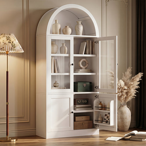 Tall Arched Top Storage Cabinet with Tempered Glass Doors