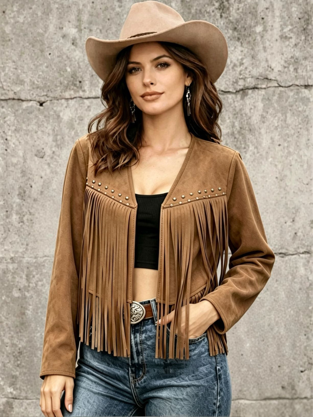 Womens Solid-Color Rivet-Embellished Long-Sleeve Cardigan Coat